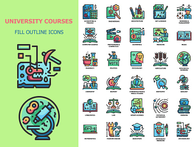 University courses color course education flat icon learn outline school subjects university vector