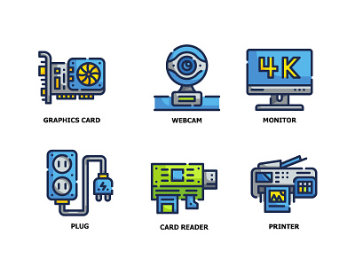 Computer Hardware Fill Outline icon set color computer devices flat hardware icon outline printer screen set technology