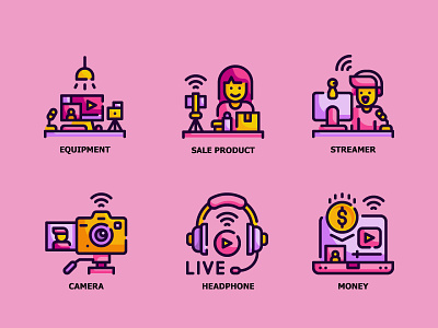 Live and Streaming 6 ICONS advertising color computer design equipment flat game headphone icon laptop line live online outline sale streaming vector wifi