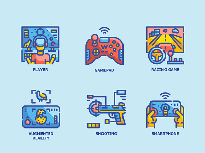 Video Game 6 ICONS color computer design flat game gamepad gamer icon illustration line online outline shooting vector video