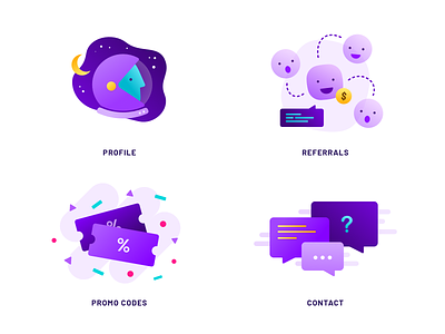 Illustrations for Spaceship Voyager app contact illustrations profile promo promotion purple referral referrals rewards support