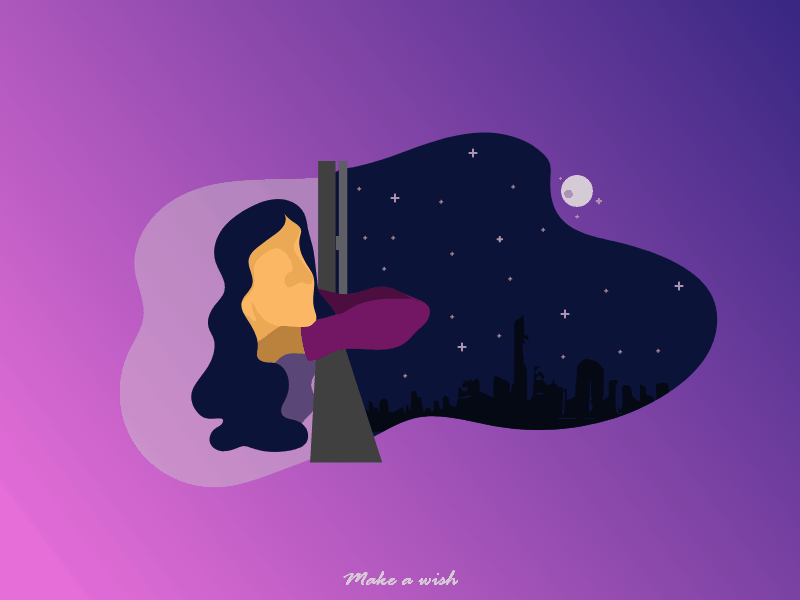 Make A Wish animation design design jombie graphics illustration lady make a wish meteor shower moon night night time sushant sushant kumar rai window