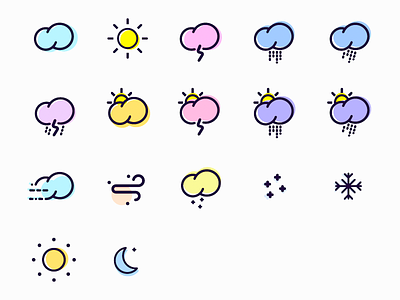 Colourful Weather Icons bright clouds crescent moon icon minimal rain snow sun thunder vector weather wind