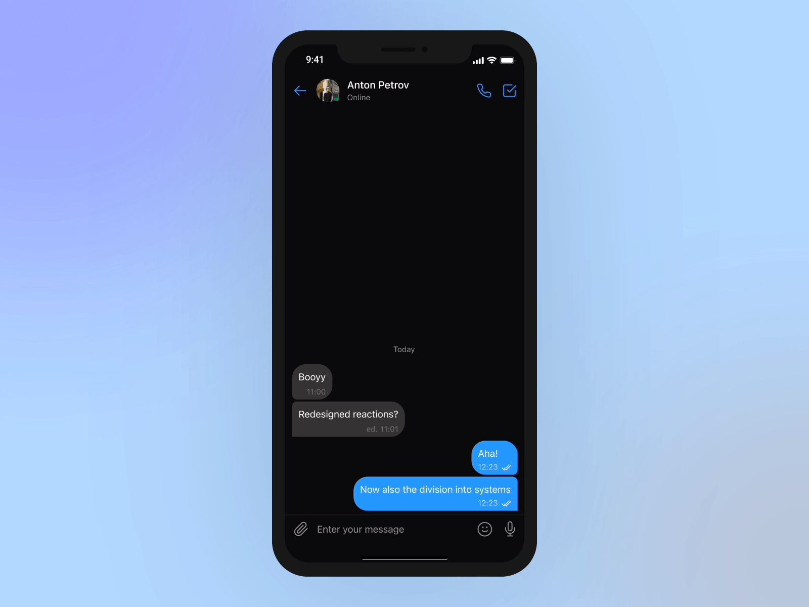 Reactions to messages in iOS | tada.team animation app apple bubble chat dark dark theme design flutter interface ios iphone messenger night mode tadateam