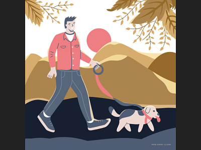 Hiking with Dog afternoon dog hike illustration man mountain sunset