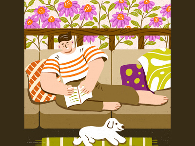 Reader balcony dog floral pet read reader