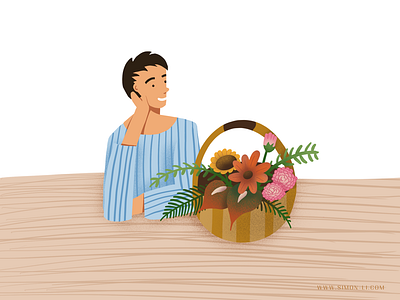 Table bouquet flowers illustration man table thinking