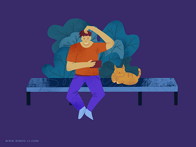 Cat bench cat illustration man phone vector