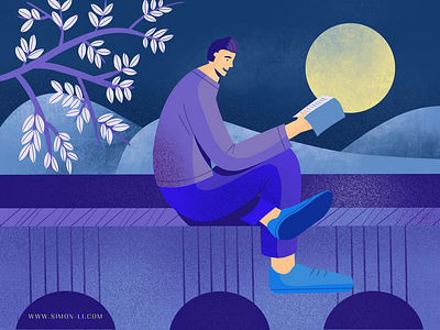 Full Moon book illustration man moon night read sit
