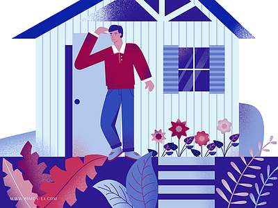 Cabin flowers illustration leaves man plants roof vector windows wood