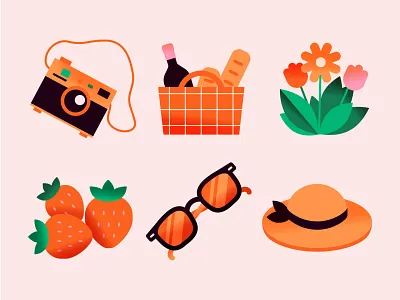 Picnic basket branding camera flat design flowers food graphic design hat illustration picnic spring stickers strawberries summer sunglasses