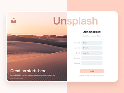 UI – Unsplash sign up page button daily dailyui graphic design photo picture pink sign up ui unsplash ux white