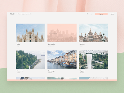 Website design – TOUSM / welcome to premium travel design graphic design green pink soft ui ux website