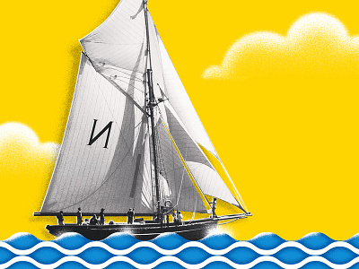 Sailing blue collage illustration media mixed summer yellow
