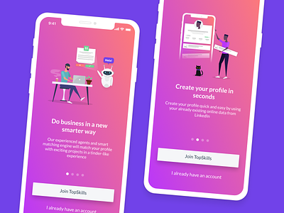 Rework of the illustrations in TopSkills - Onboarding Tour ai app bot branding design illustration ios onboarding onboarding screen onboarding screens onboarding ui ui vector welcome welcome page welcome screen