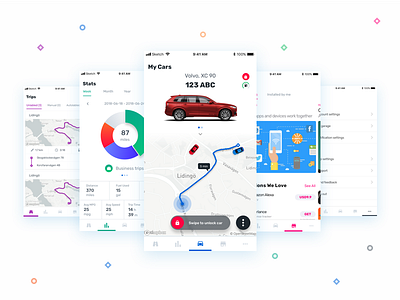 Spark Main Screens app car auto car app car care connected car drive driving ios iot map app maps statics tab navigation tabs trip planner