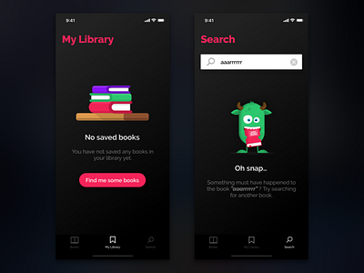 Librifox Audio Book Concept App - Empty States app audio app audio player audiobook audiobooks book books cute empty screen empty state empty states emptystate illustration ios monster no search result search bar ui
