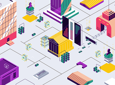 Isometric city bank building city crypto cryptocurrency design digital flat graphic design house logo illustration isometric isometry money skyscrapers town vector vehicles violet violet isometry