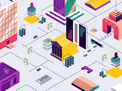 Isometric city bank building city crypto cryptocurrency design digital flat graphic design house logo illustration isometric isometry money skyscrapers town vector vehicles violet violet isometry