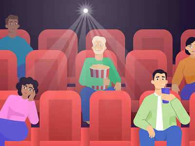 Cinema cartoon character cinema design film graphic design illustration man movie movie theatre people popcorn viewers watching watching film