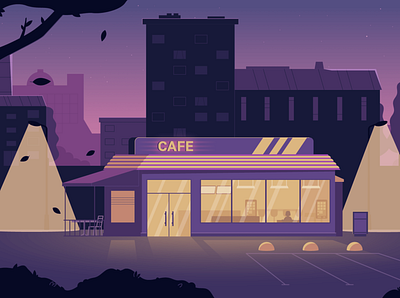 Night Cafe building cafe city city view design flat graphic design illustration isometric night street vector violet
