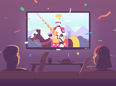 Watching TV character couch couple family film flat graphic design home horse illustration knight leisure people room show sofa texture tv vector watching