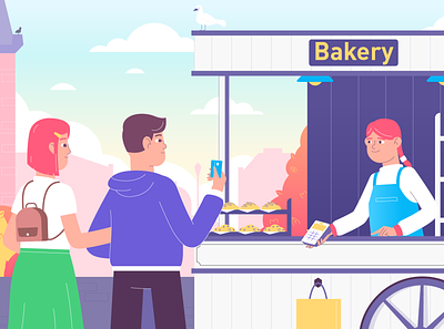 Bakery & Wireless Payment baker bakery cashless character couple design food graphic design illustration nfc pay payment people phone shopping street street food terminal vector wireless