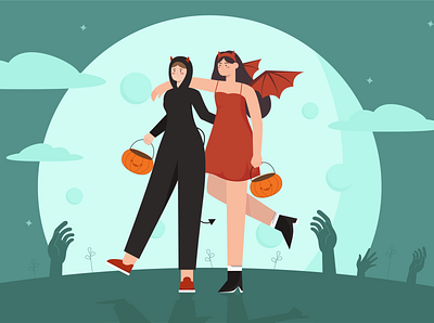 Halloween Costume Party cemetery character costume couple dark dead design devil dracula evil flat friends graphic design halloween illustration night people pumpkins spooky vector