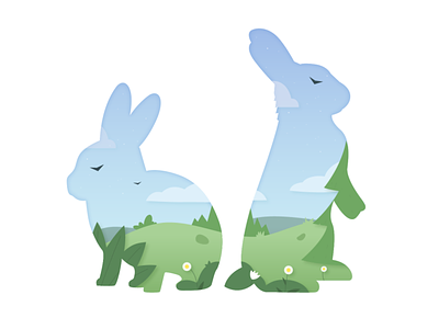 Rabbit illustration bunny character childish design easter environment forest graphic design grass green hare illustration pattern rabbit trees vector