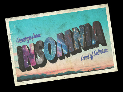 Greetings from Insomnia adobe design distressed graphic design illustration illustrator insomnia postcard design secret fortress typography vector