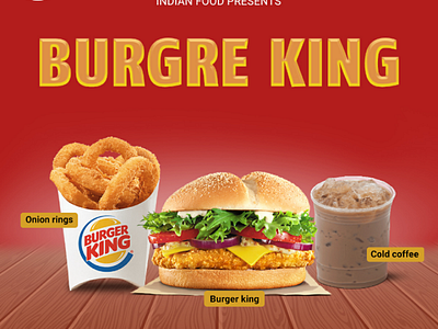 Burger king, burger cold drink content onion rings
