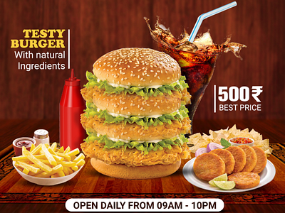 Burger flyer burger cold drink creative design finger chips graphic spices tomato sauce
