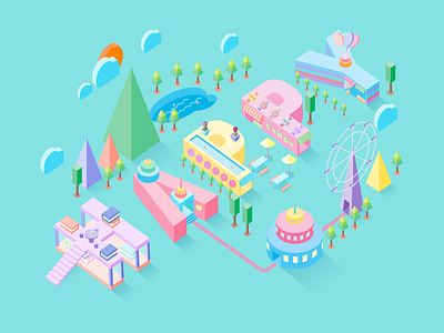 Happy 2.5d children colorful dribbble first time happy illustration project work， isometric，architecture