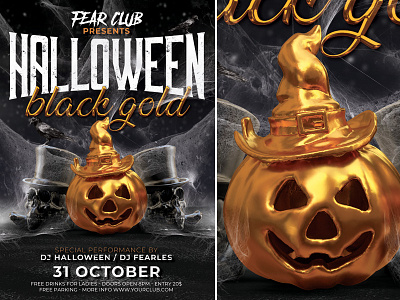 Halloween Black Gold black club drinks fear flyer gold halloween irish party pumpkin spooky template