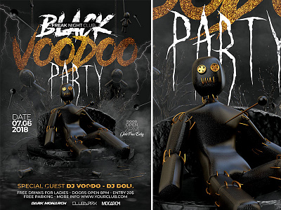 Black Voodo Party Flyer black magics club curse doll flyer gold and dark graveyard halloween party scaring template voodoo