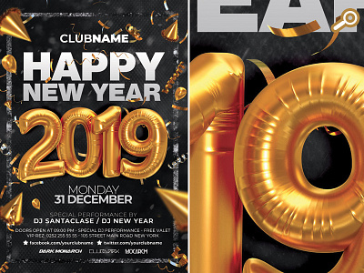 Happy New Year 2019 Flyer celebration club countdown dj flyer happy new year holidays music new year nye party template