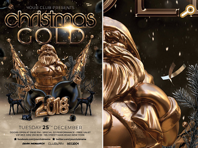 Christmas Gold Party 2018 black celebration christmas club flyer gold party reindeers santa santa claus template xmas