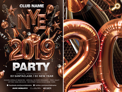 Nye 2019 Party celebration club countdown dj drinks flyer new year nye party partying sound template