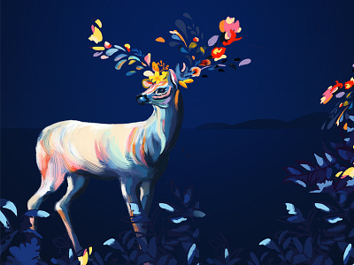 Deer blue dark darkness deer flower hand illustration night painted