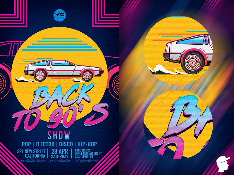 Back to the 90's show Flyer Template new wave music marty doc delorean daminda boombox backtothefuture back 90s 80s