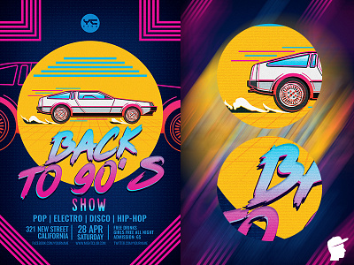 Back to the 90's show Flyer Template 80s 90s back backtothefuture boombox daminda delorean doc marty music new wave