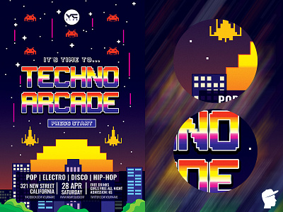 Techno Arcade Flyer Template abstract arcade artist bass bundle club concert daminda dj edm electro electronic game