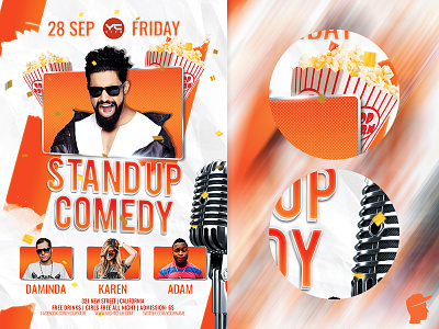 Stand Up Comedy Flyer Template artist bash comedians comedy concert daminda festival flyer joke jokes laugh microphone night night show orange party post red show stand