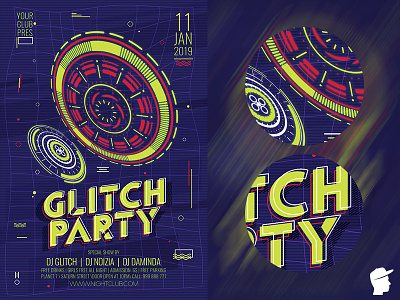 Glitch Party Flyer 2019 3 Template editable effect effects festival flyer glitch glitch party hud interface new wave noise photo photoshop poster rave ripple science tool vhs violet