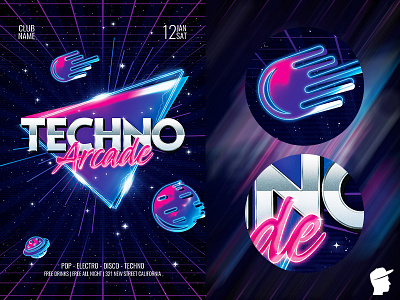 Techno Arcade New Flyer Template 90s abstract arcade arcade game club concert daminda dance dj edm electro electronic festival melody music party planet session sound sounds