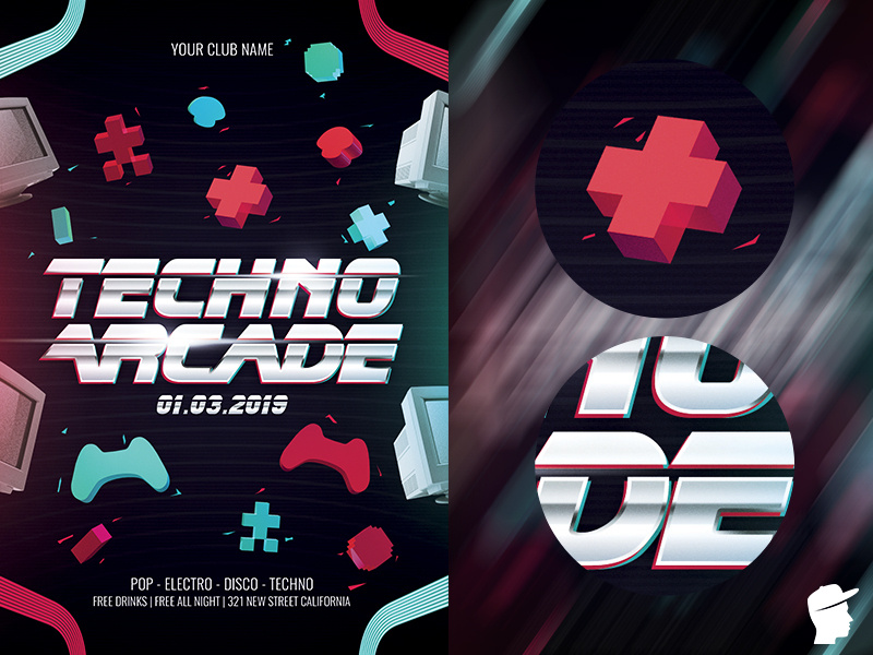 Techno Arcade New 2 Flyer Template gamepad techno sound session retrocade party music game festival electronic electro edm dj dance daminda black bass arcade abstract