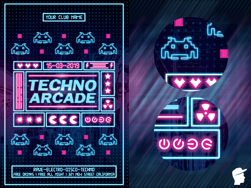 Techno Arcade New 4 Flyer Template party neon light neon music instrument flyer festival electronic electro edm dj dance daminda concert club bundle bash arcade abstract 90s