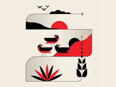 Westward, ho abstract design birds black clouds desert design geometric illustration red sunset vector
