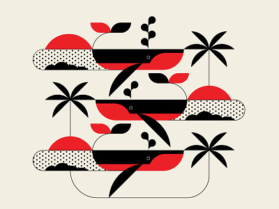 Whale Away abstract art black branding geometric identity illustration palm trees red santa monica trufcreative vector whales