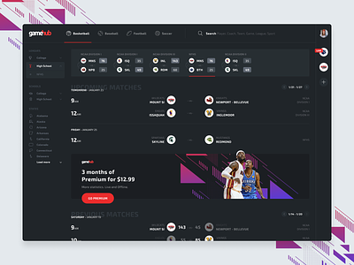 Gamehub - Tracking Platform admin analytics app basketball dark design live portal product school score sport statistics tracking ui ux